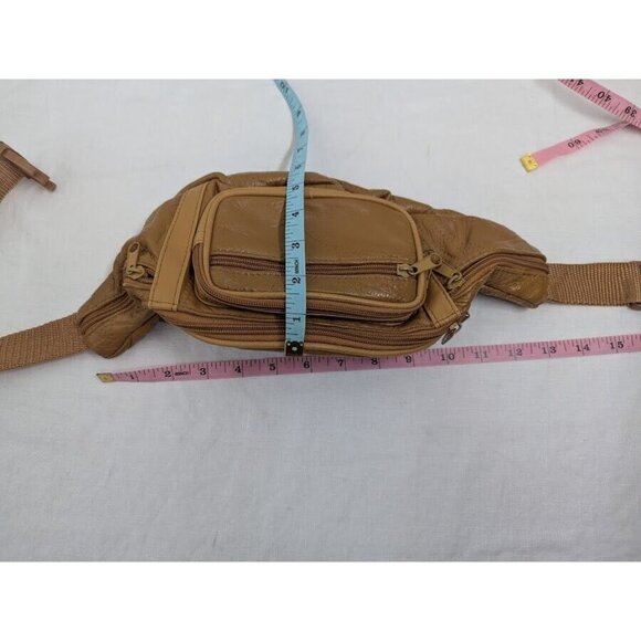 Tan leather patchwork 6 zipper pocket adjustable fanny pack, belt bag G6 - Picture 6 of 9